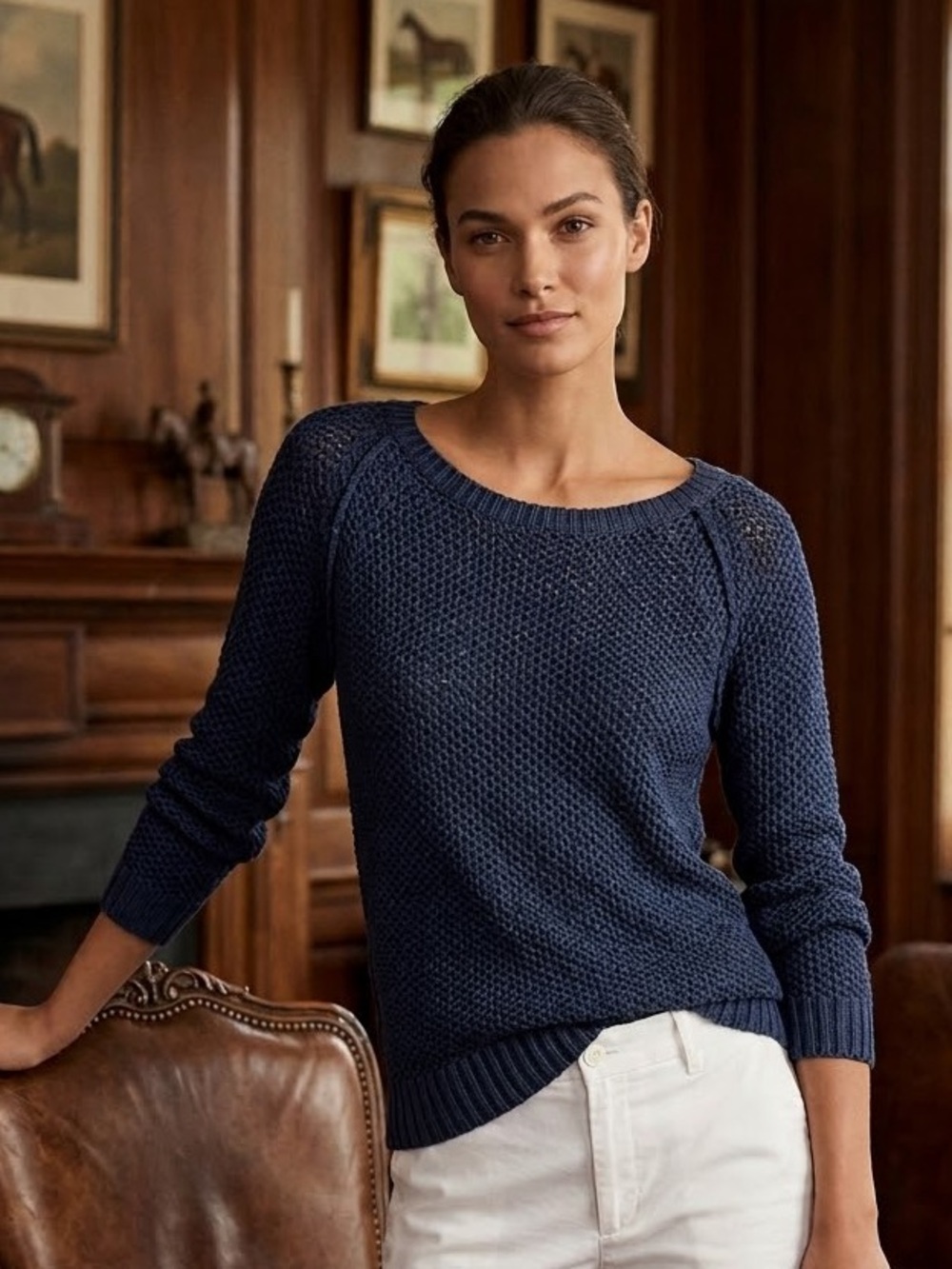 Lauren Ralph Lauren Navy Scoop-Neck Open Knit Pullover- Navy